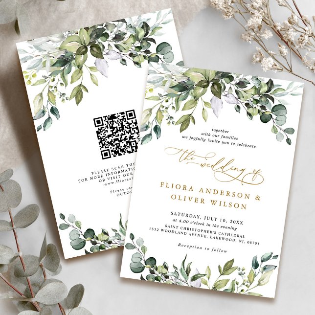 Elegant Grey Rustic Botanical QR Code Bröllop Inbjudningar (Elegant Greenery Rustic Botanical QR Code Wedding Invitation)