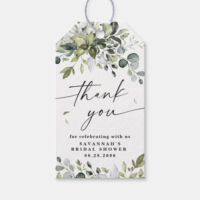 Elegant Grey Rustic Eucalyptus Tack Favor Presentetikett (Framsidan)