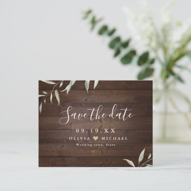 Elegant grey wood county rustic save date vykort (Stående Fram)