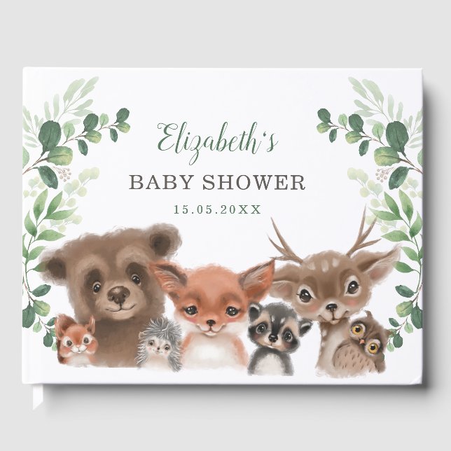 Elegant Grey Woodland Animals Baby Shower Gästböcker (Framsida)