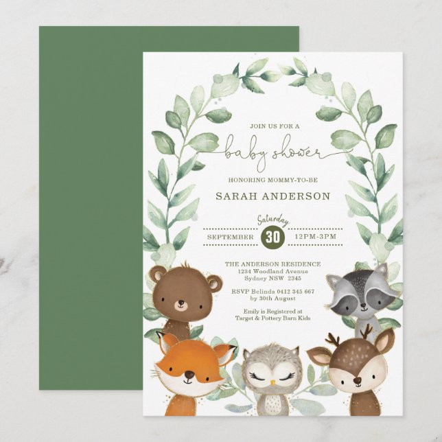 Elegant Grey Woodland Animals Baby Shower Inbjudningar (Fram/baksida)