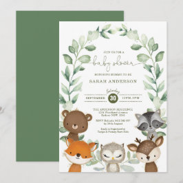 Elegant Grey Woodland Animals Baby Shower Inbjudningar