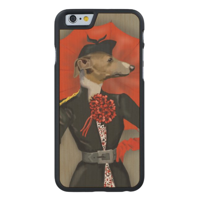 Elegant Greyhound och Red Umbrella Carved Wood iPhone Skal (Baksidan)