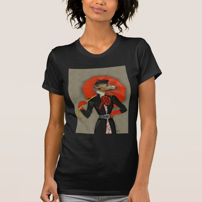 Elegant Greyhound och Red Umbrella Tee Shirt (Framsida)