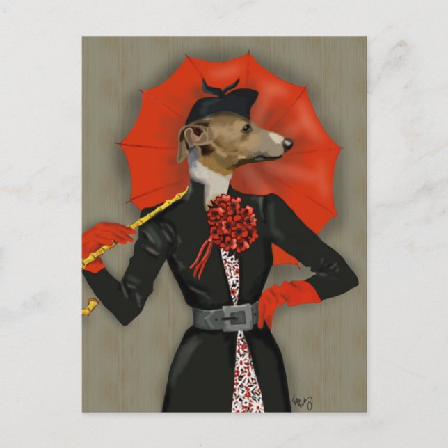 Elegant Greyhound och Red Umbrella Vykort (Framsida)