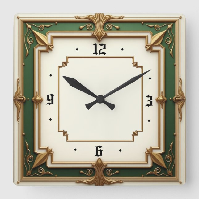 Elegant grön Art Deco Fyrkantig Klocka (Framsida)
