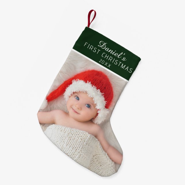Elegant grön babyfoto anpassat namn liten julstrumpa (Framsidan (Hängande))