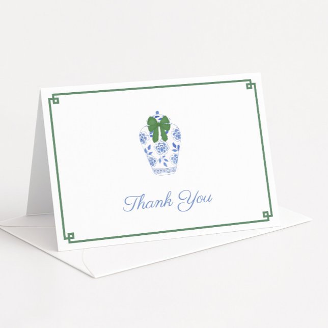Elegant grön båge Tartan jul Bröllopsdusch Tack Kort (Elegant Christmas thank you card design or personal stationery featuring ginger jar with green bow)