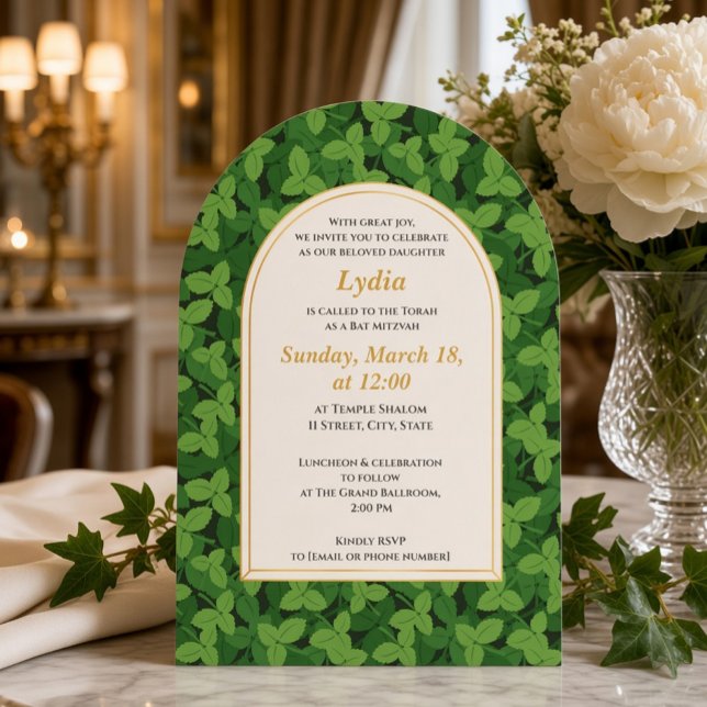 Elegant grön bladgräns valv Bat Mitzvah  Inbjudningar (Skapare uppladdad)