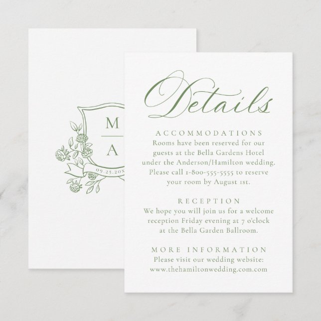 Elegant grön blomkrans monogramdetalj tilläggskort (Fram/baksida)