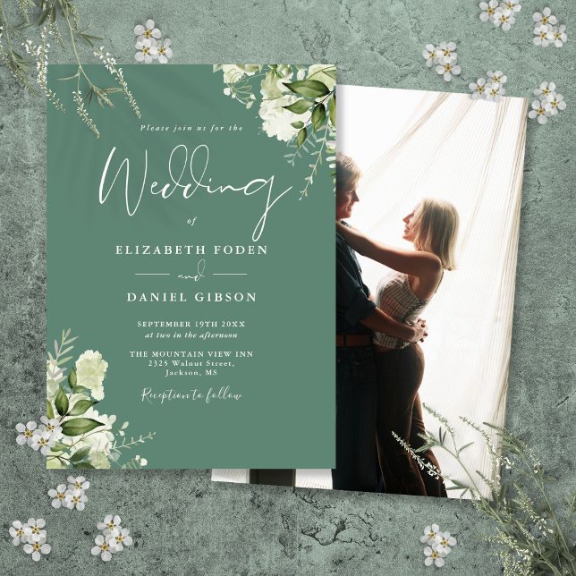 Elegant grön blommig eucalyptus fotografisk bröllo inbjudningar (Eucalyptus Green Floral Elegant Photo Wedding Invitation)