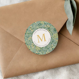 Elegant grön blommig guldmonogram svarsadress runt klistermärke