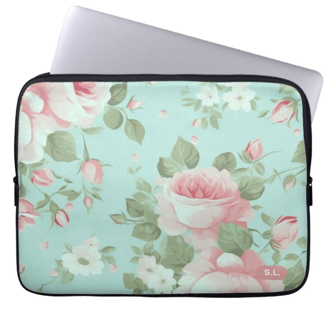 Elegant grön blommig laptopsleeve laptop fodral (Framsidan)
