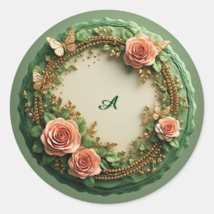 Elegant grön blomster ram med rosa rosor runt klistermärke