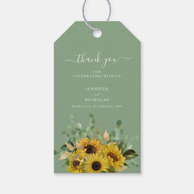 Elegant grön blomster solrosbröllop  presentetikett (Framsidan)
