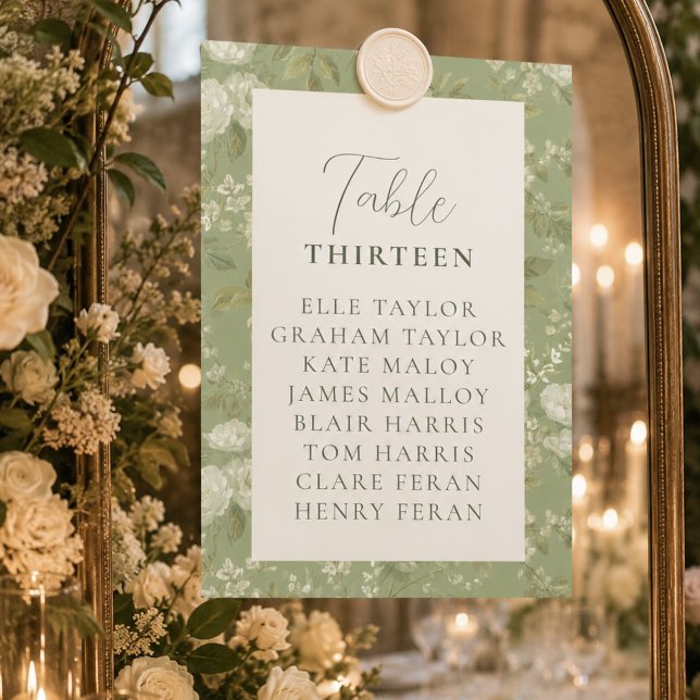 Elegant grön blomsterbröllops sittplatskarta bordsnummer (Elegant Green Floral Wedding Seating Chart Table Number)