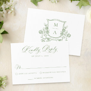 Elegant grön blomsterkrans monogram bröllop OSA kort