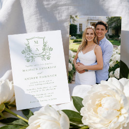 Elegant grön blomsterkrone-fotografi bröllop inbjudningar