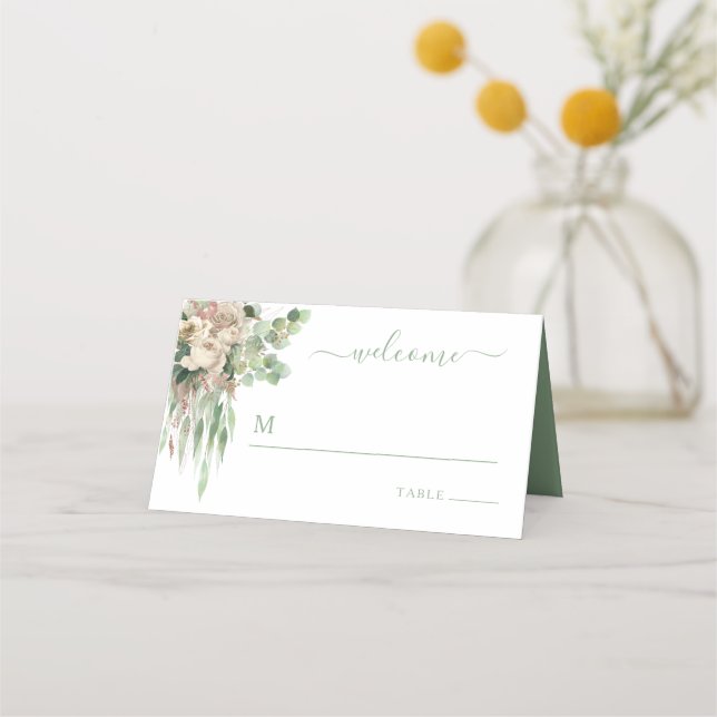 Elegant grön blomsterrosbröllop placeringskort (Framsida)
