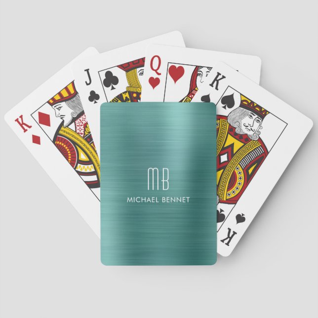 Elegant grön borstad metallisk monogramnamn casinokort (Baksidan)