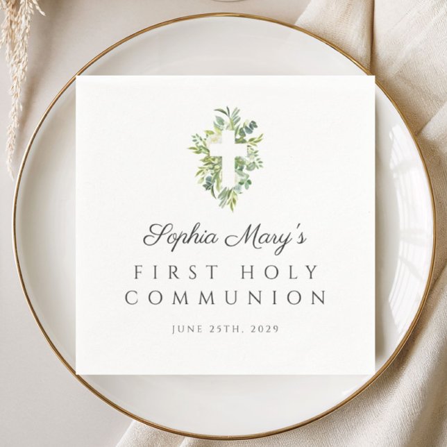 Elegant grön botanisk kors första kommunion  pappersservett (Elegant Green Botanical Cross First Communion Napkins)