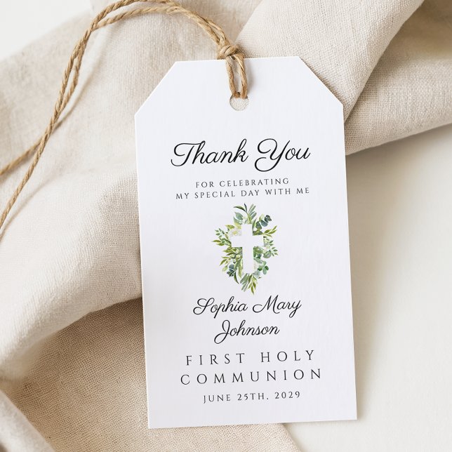 Elegant grön botanisk kors första kommunion  presentetikett (Elegant Green Botanical Cross First Communion Gift Tags)