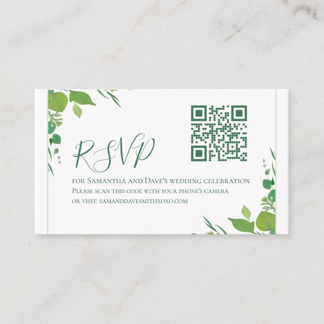 Elegant grön botanisk modern QR-kod RSVP på budget Tilläggskort (Framsida)
