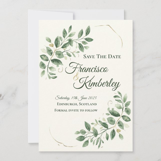 Elegant grön botanisk Save The Date-kort Inbjudningar (Framsida)