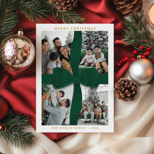 Elegant grön bow Julkort med foto God Jul Inbjudningar (Green Bow Merry Christmas 4 Photo Holiday Card)