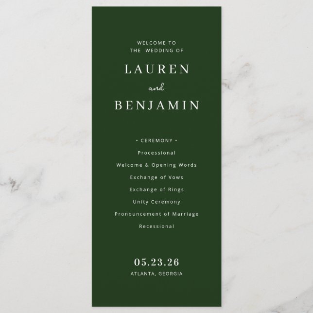 Elegant grön bröllops-ceremoni-schema program (Framsida)