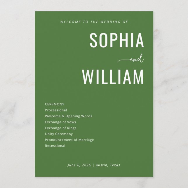 Elegant grön bröllops-ceremoni-schema program (Framsida)