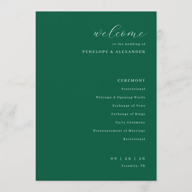 Elegant grön bröllopsceremoni program (Framsida)