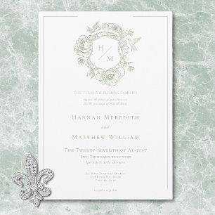 Elegant Grön Chinoiserie Fågel & Vapen Wedding Inbjudningar