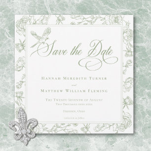 Elegant Grön Chinoiserie Fågel & Vapen Wedding Spara Datumet
