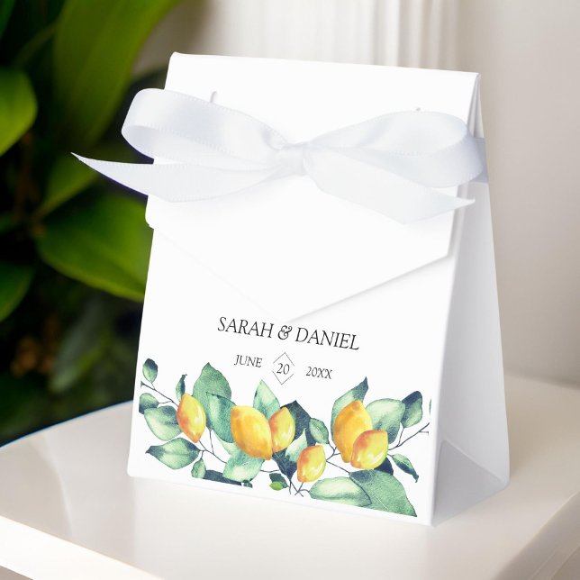 Elegant, grön, citron, bröllop presentaskar (Personalized, elegant, greenery, lemon, wedding favor boxes)