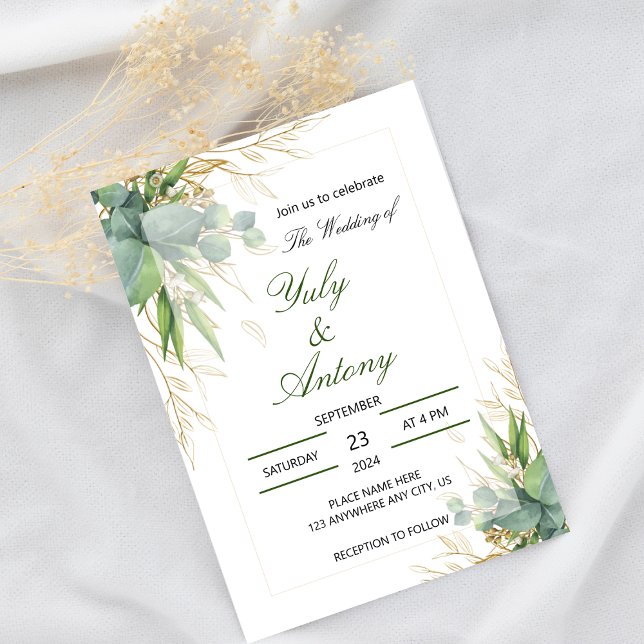 Elegant grön eukalyptus guld botanisk  inbjudningar (Green leaves modern botanical formal wedding invitation)