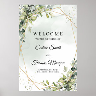 Elegant grön eukalyptus guld bröllop välkommen poster