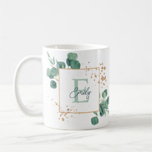 Elegant grön eukalyptus & guld folie monogram kaffemugg