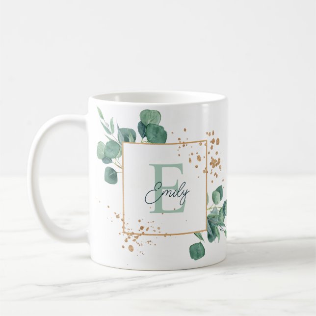 Elegant grön eukalyptus & guld folie monogram  kaffemugg (Vänster)