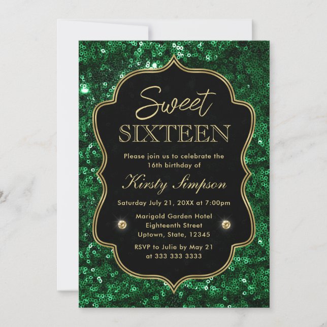 Elegant grön falsk glitter & guld vinter Sweet 16 Inbjudningar (Framsida)