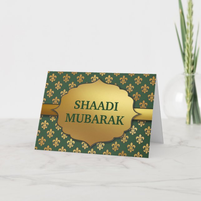 Elegant Grön Fleur-De-Lis Mönster Shaadi Mubarak Kort (Framsida)