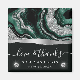Elegant Grön Folie & Silver Glitter Agat Bröllop Magnet
