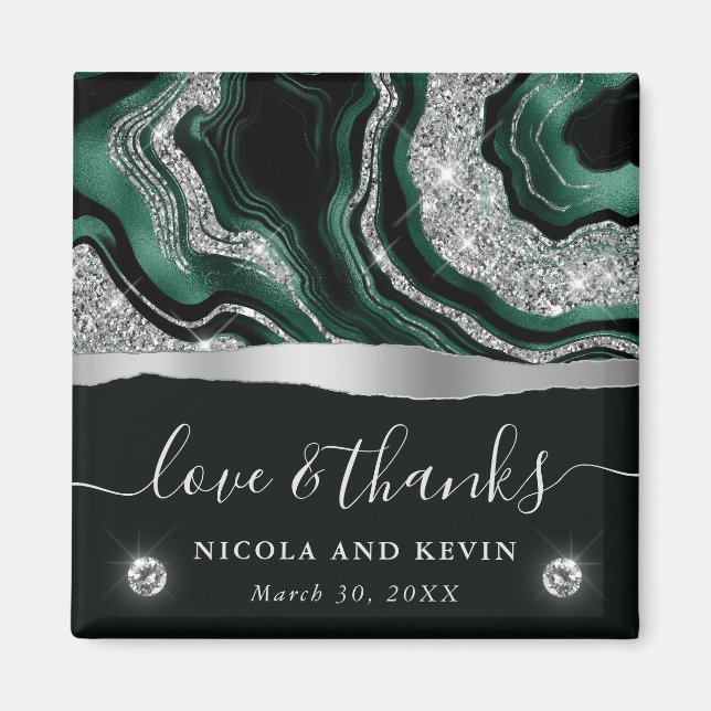 Elegant Grön Folie & Silver Glitter Agat Bröllop Magnet (Framsidan)