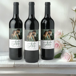 Elegant grön foto & monogram bröllop  vinflaska etikett