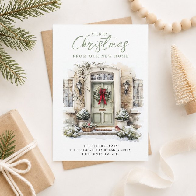 Elegant grön frontdörr Ny hem Jul Julkort (Skapare uppladdad)