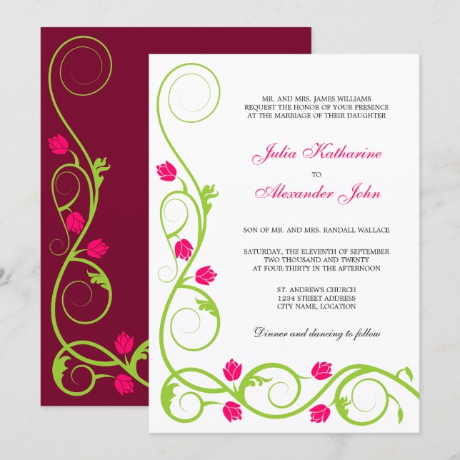 Elegant grön Fuchsia virvlar bröllopsinbjudan Inbjudningar (Fram/baksida)