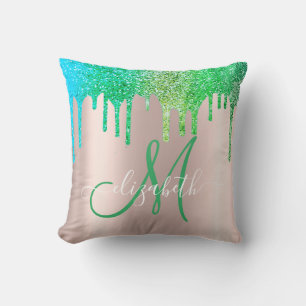 Elegant grön glitterdropp Rose Gold Monogram Kudde