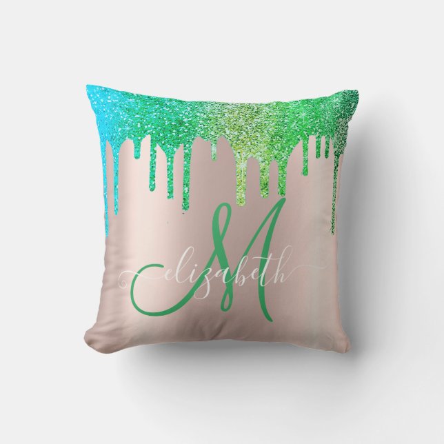 Elegant grön glitterdropp Rose Gold Monogram Kudde (Framsida)
