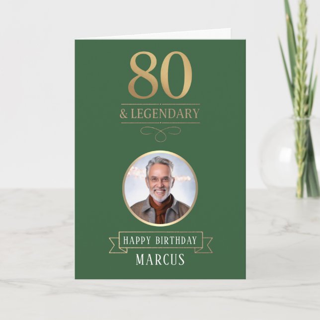 Elegant grön & guld 80-års & legendarisk födelseda kort (Framsida)