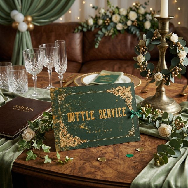 Elegant grön guld barock serveringsskylt för flask bordsnummer (Skapare uppladdad)